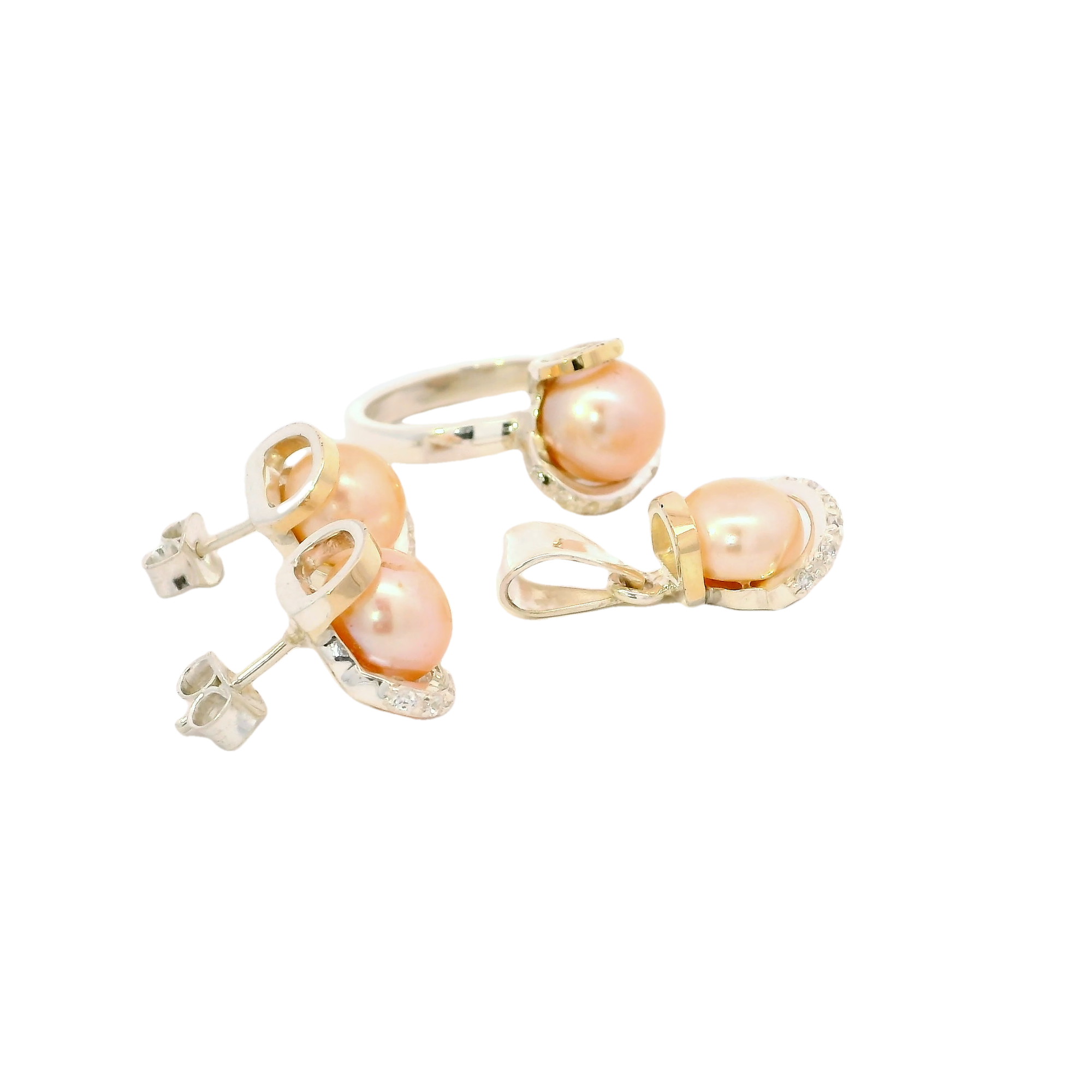 Conjunto de joyas con perlas rosadas en plata con oro