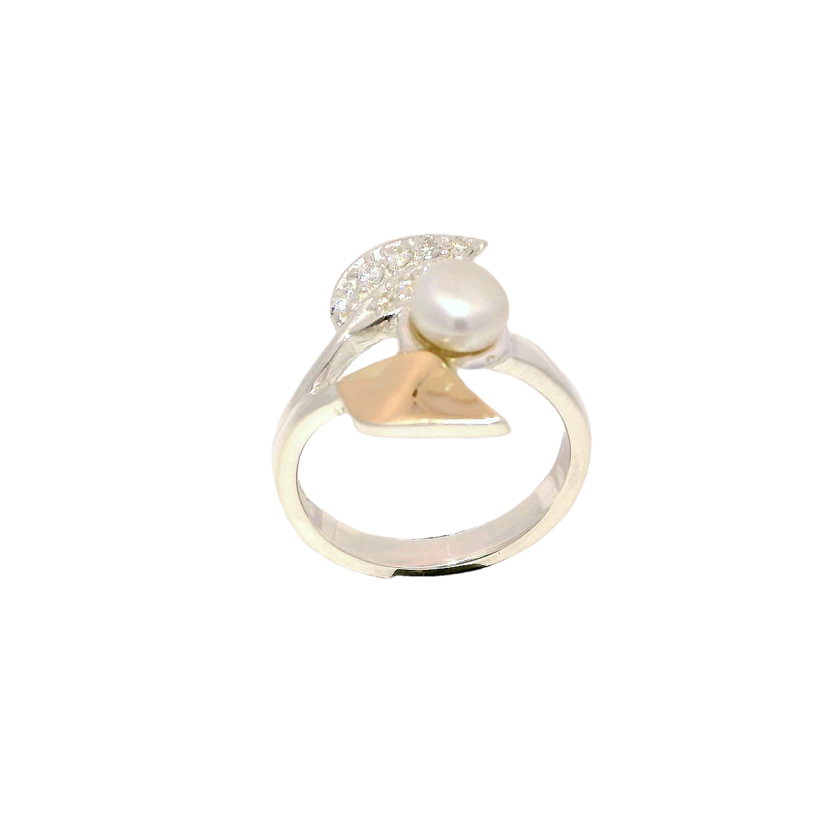 Anillo elegante con perla y zircones blancos en plata con oro
