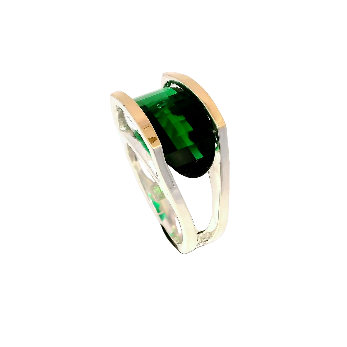 Anillo con zircón color esmeralda elegante en plata con oro