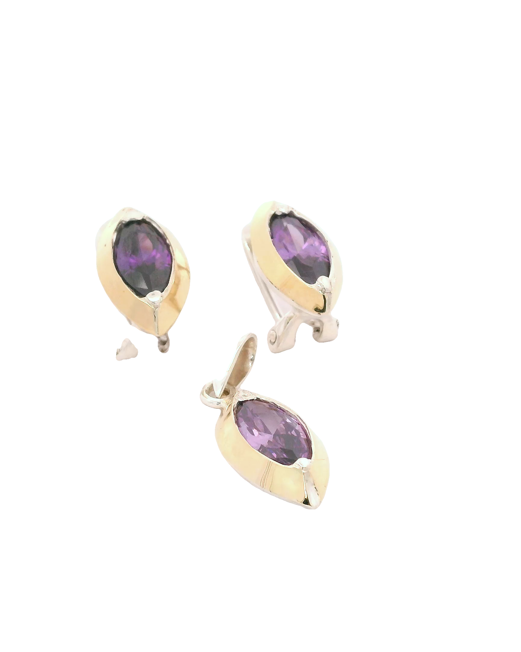 Aretes y dijes de plata con oro con zircones morados