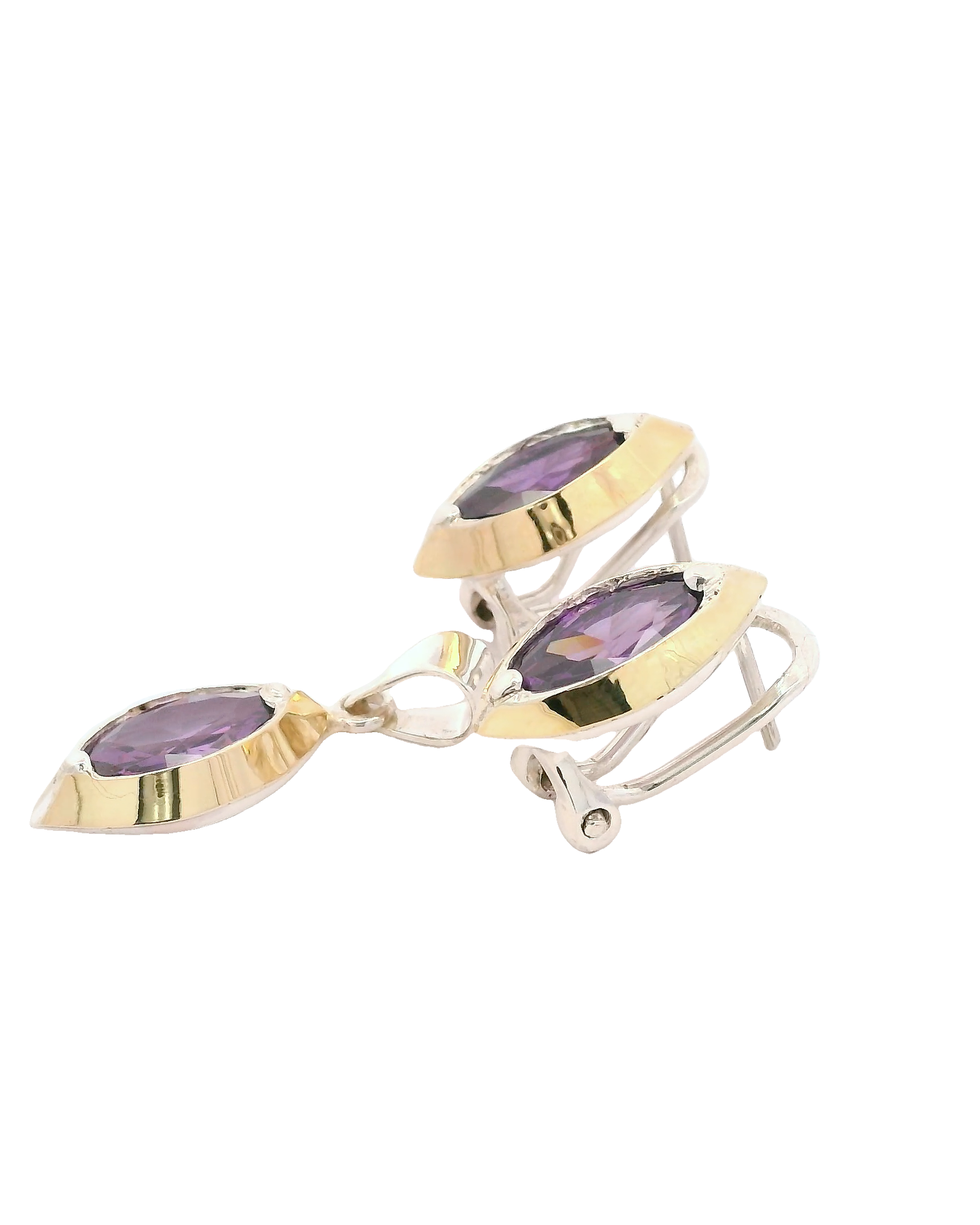 Aretes y dijes de plata con oro con zircones morados