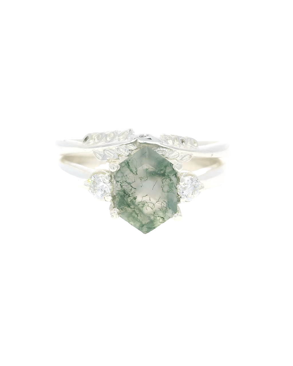 Anillo oro blanco con piedra preciosa agata musgosa octogonal