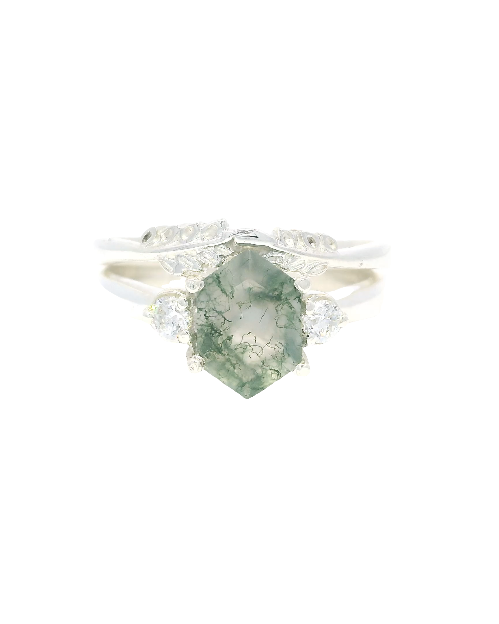Anillo oro blanco con piedra preciosa agata musgosa octogonal