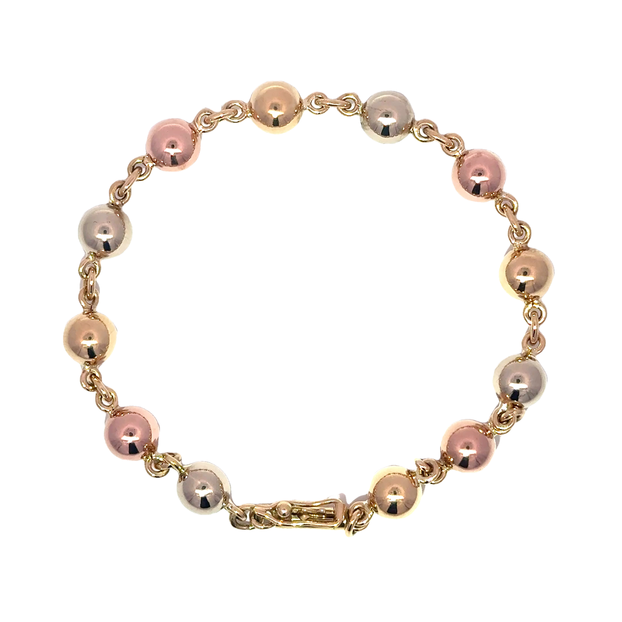 Pulsera de esferas brillantes en tres oros 18k ley 6,5 mm