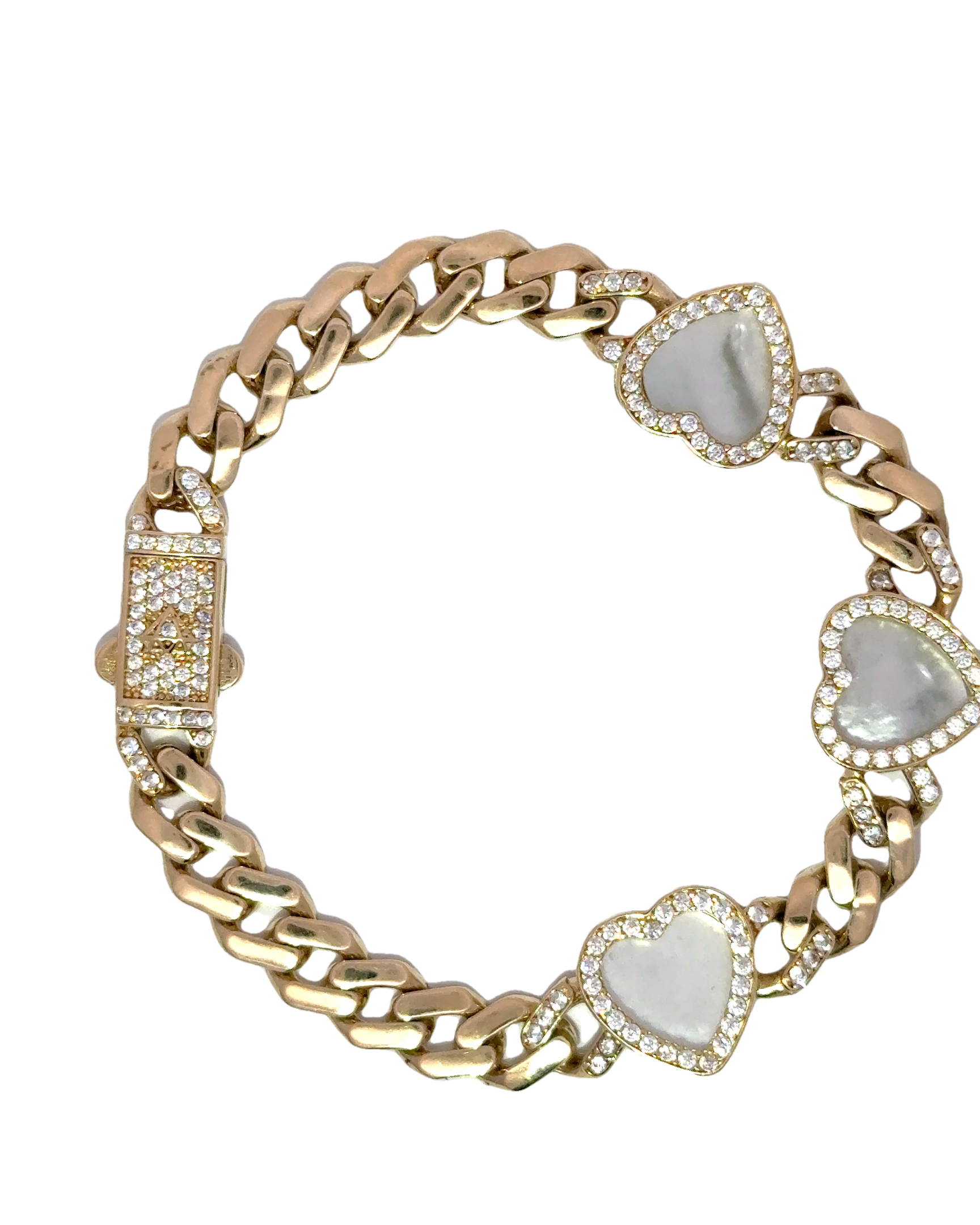 Pulsera de corazones en oro amarillo 18k ley con nacar